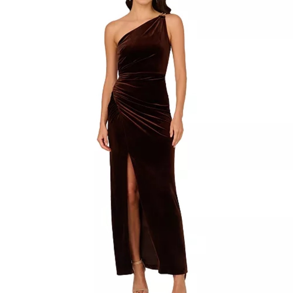 Adrianna Papell One-Shoulder Velvet Dress in Deep Brown